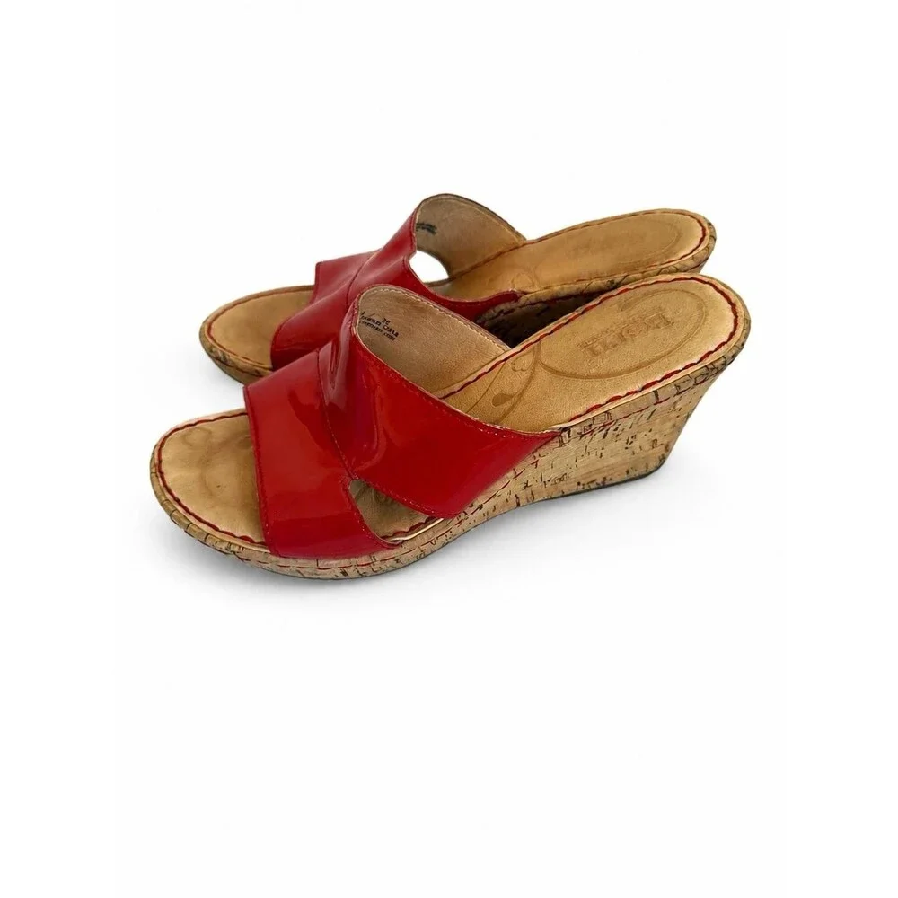 Born Women’s Red Patent Leather Wedge Slide Sandals Size 8 M